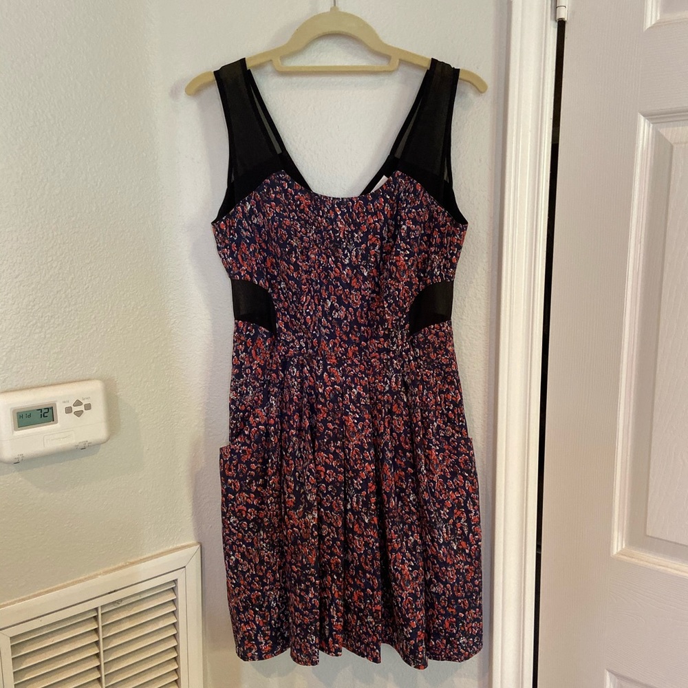 BCBG -Navy Red Pattern Black Mesh Cutout Dress